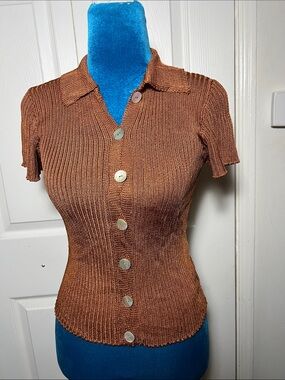 Calle Del Mar Ribbed Knit Button-Front Top Short Sleeve Brown Women’s S 90’s